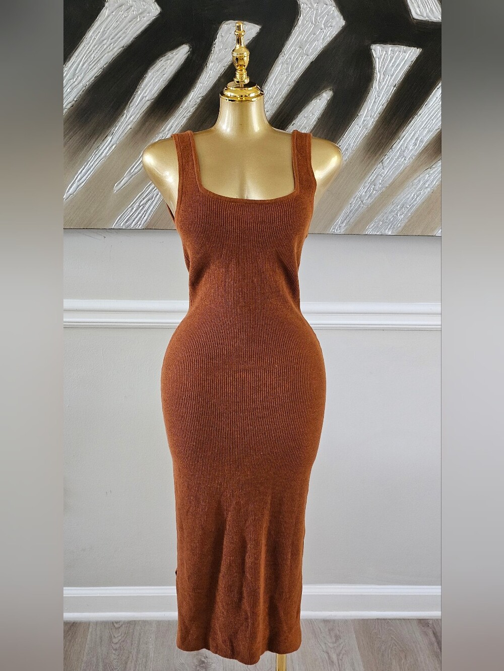 H&M Rust Brown Ribbed Knit Bodycon Midi Dress XS
